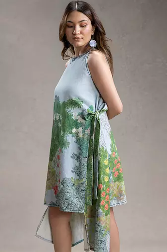Blue printed twill cotton short dress