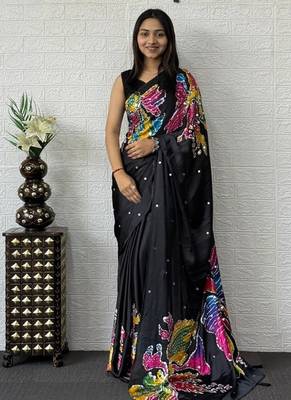 Black Color Mirror Work Satin Silk Saree 1