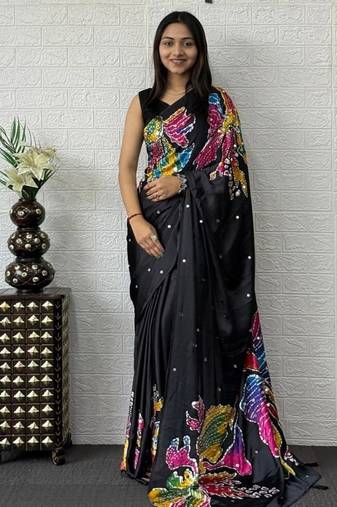 Black Color Mirror Work Satin Silk Saree