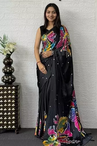 Black Color Mirror Work Satin Silk Saree