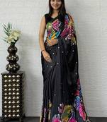 Black Color Mirror Work Satin Silk Saree