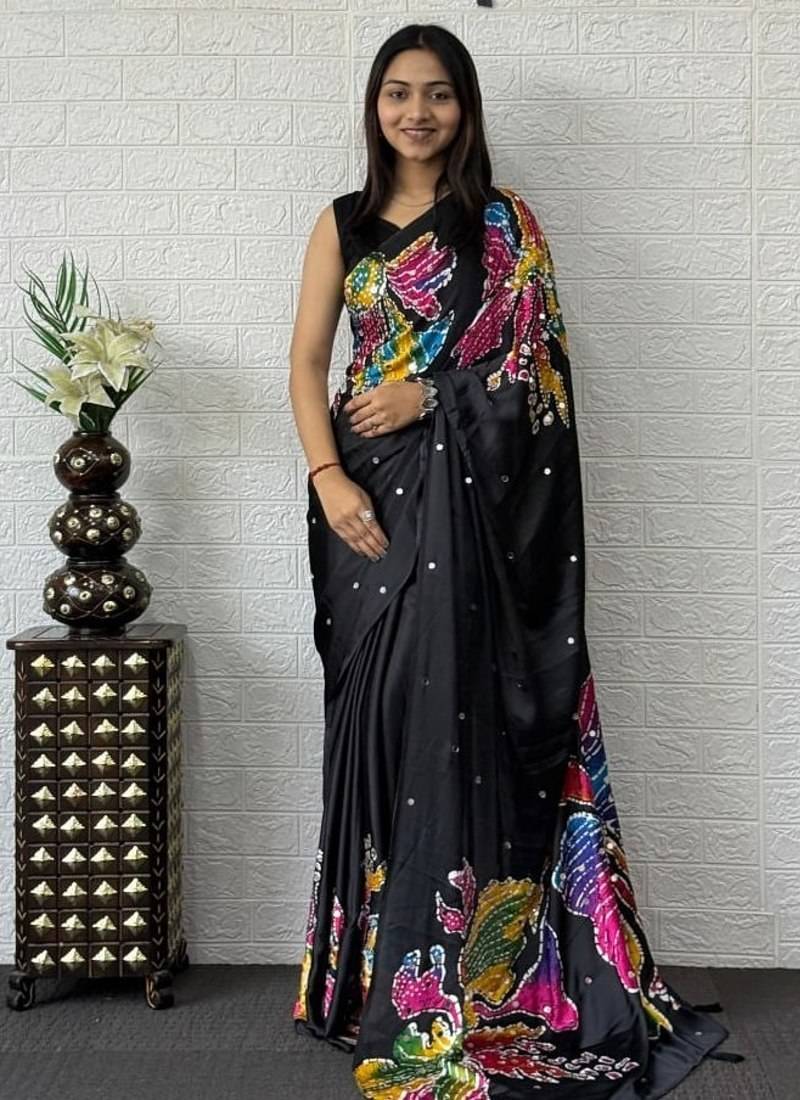 Black Color Mirror Work Satin Silk Saree