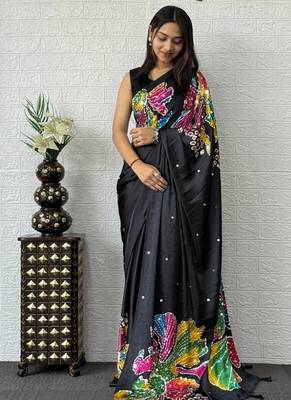 Black Color Mirror Work Satin Silk Saree 2