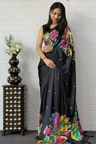 Black Color Mirror Work Satin Silk Saree