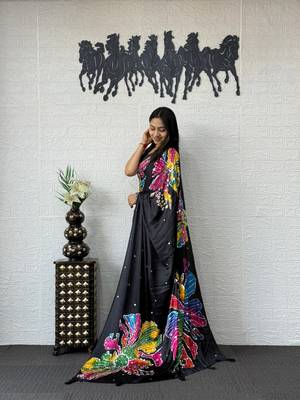 Black Color Mirror Work Satin Silk Saree 3