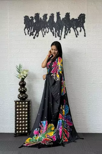 Black Color Mirror Work Satin Silk Saree