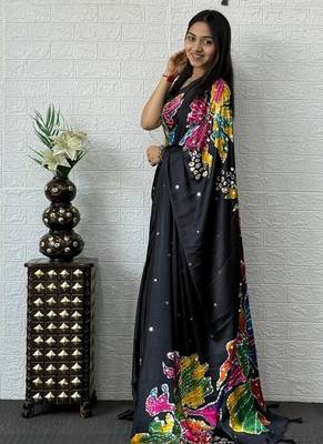 Black Color Mirror Work Satin Silk Saree 4
