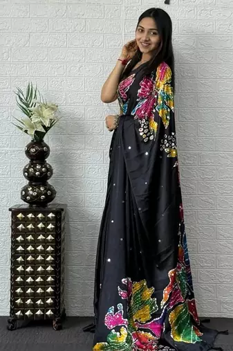 Black Color Mirror Work Satin Silk Saree