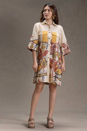 Beige printed cotton short dress