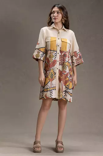 Beige printed cotton short dress