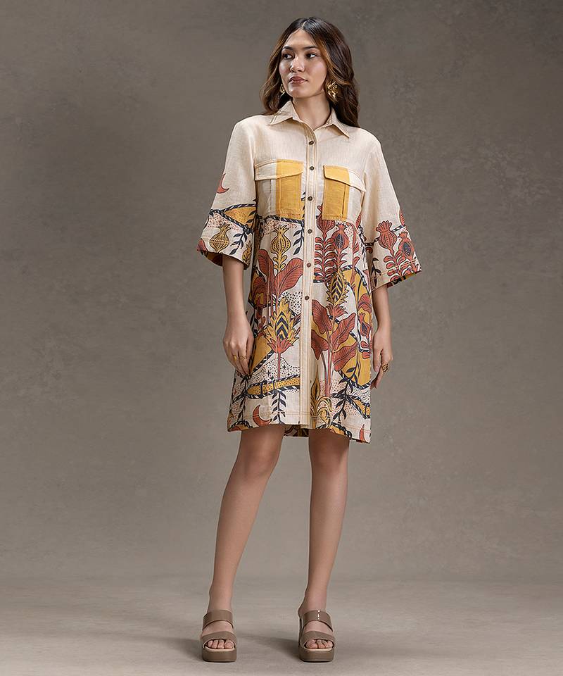 Beige printed cotton short dress
