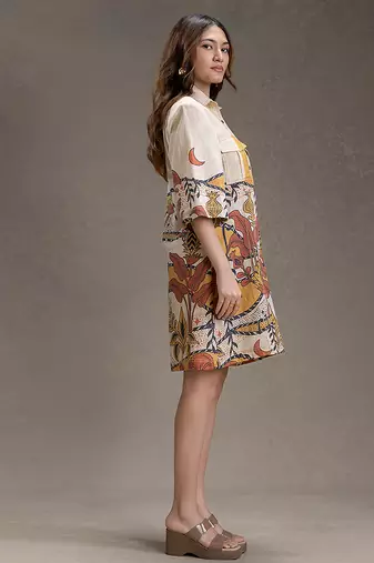 Beige printed cotton short dress