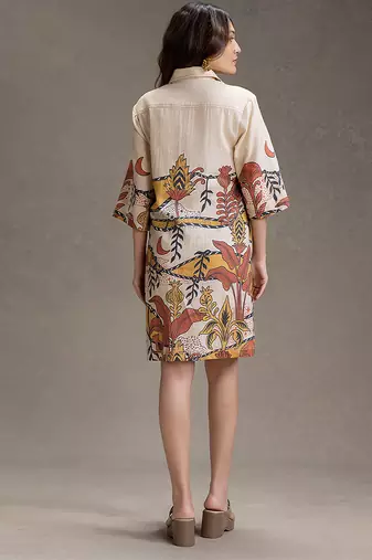 Beige printed cotton short dress