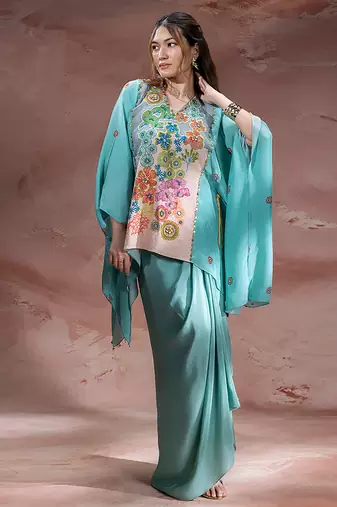 Blue embroidered crepe co ord set