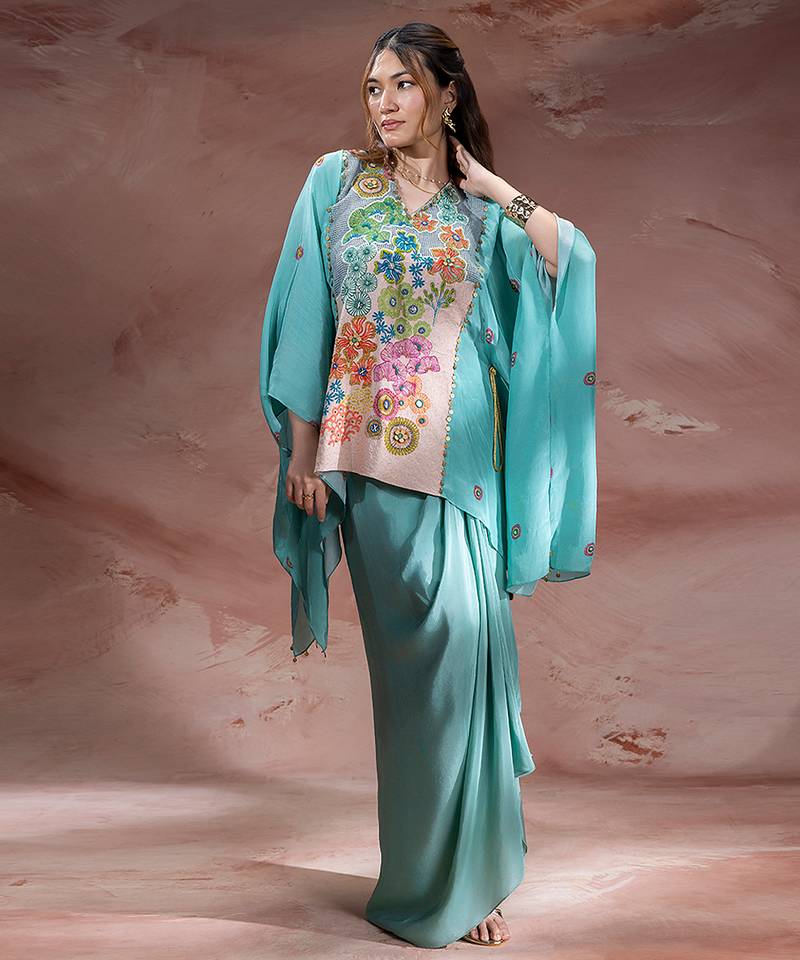 Blue embroidered crepe co ord set