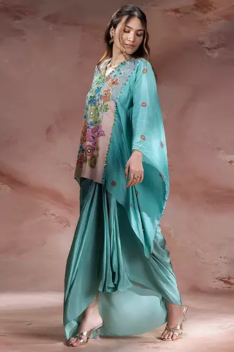 Blue embroidered crepe co ord set