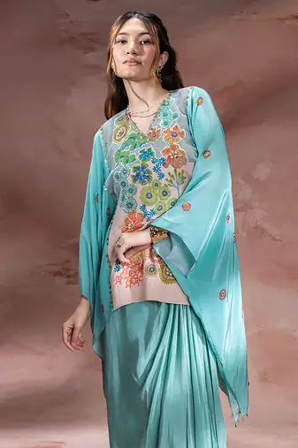 Blue embroidered crepe co ord set