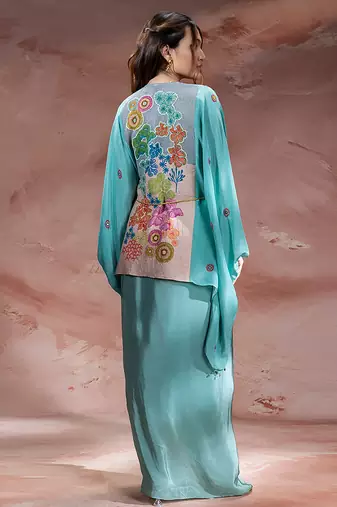 Blue embroidered crepe co ord set