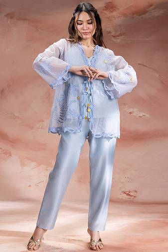 Light blue embroidered net co ord set