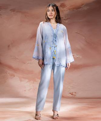 Light blue embroidered net co ord set 2
