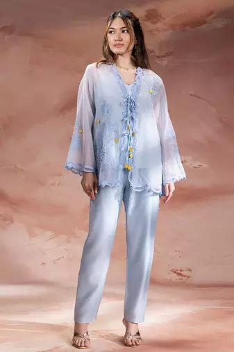 Light blue embroidered net co ord set