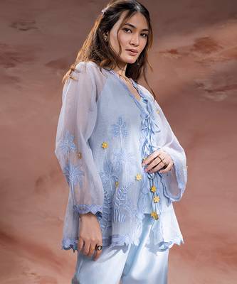 Light blue embroidered net co ord set 3