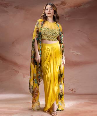 Yellow embroidered crepe co ord set 1