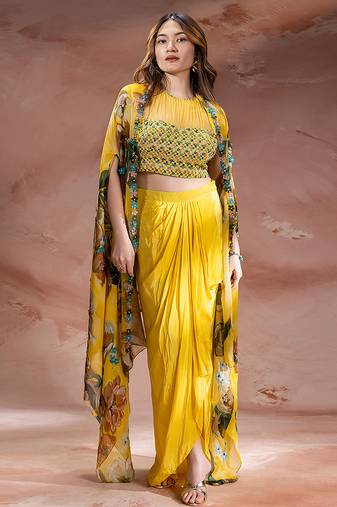 Yellow embroidered crepe co ord set