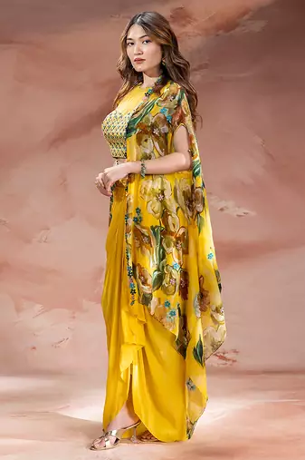 Yellow embroidered crepe co ord set