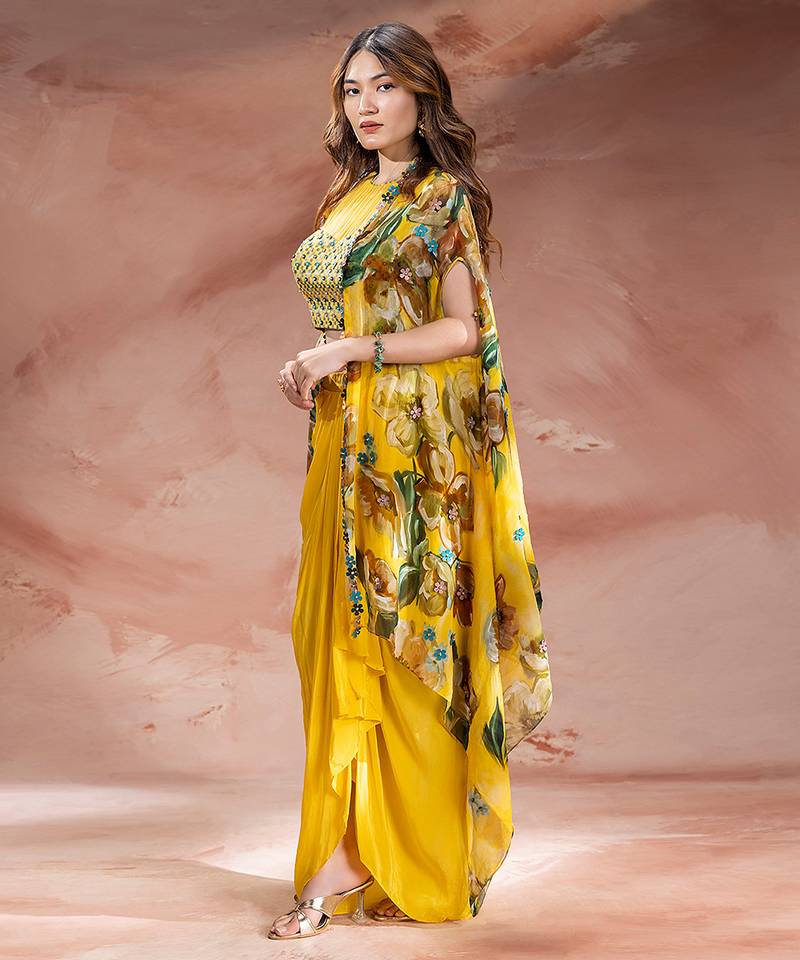 Yellow embroidered crepe co ord set