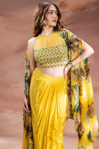 Yellow embroidered crepe co ord set