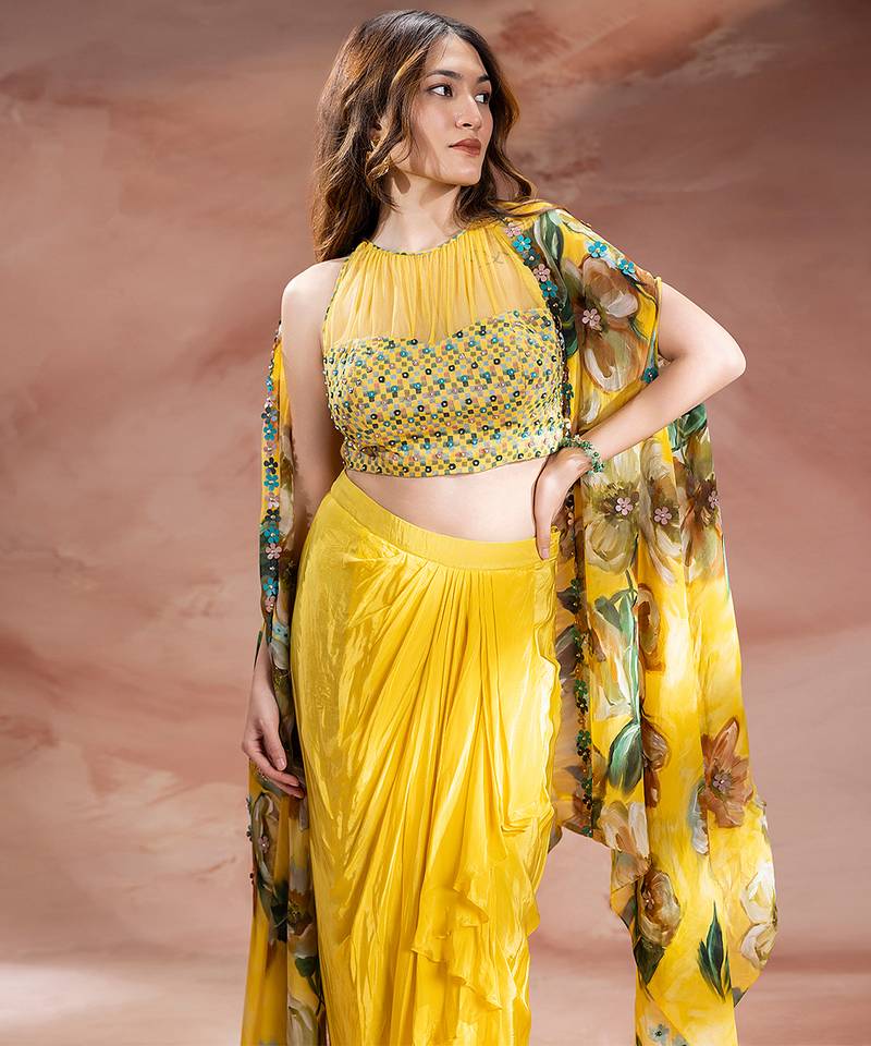 Yellow embroidered crepe co ord set