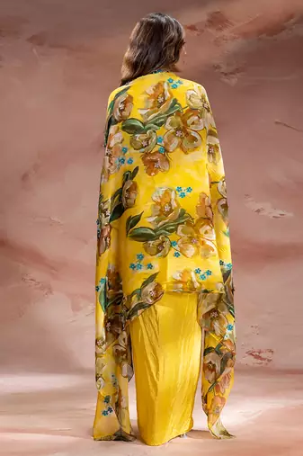 Yellow embroidered crepe co ord set