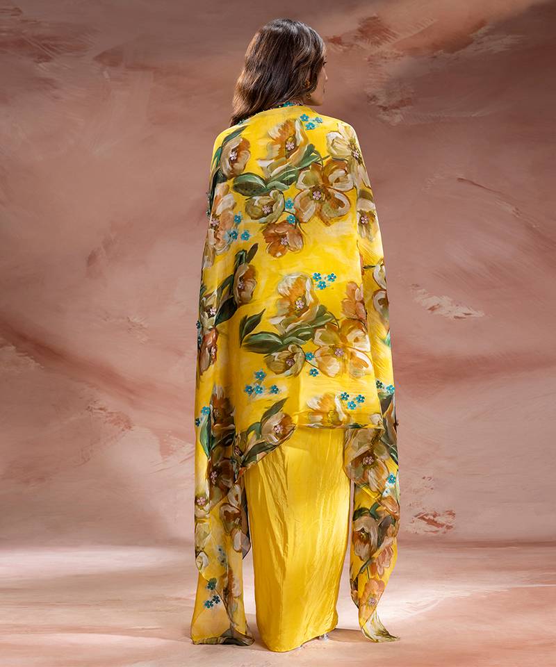 Yellow embroidered crepe co ord set
