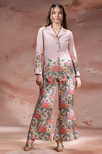 Pink embroidered khadi flex co ord set