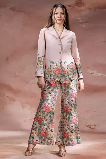Pink embroidered khadi flex co ord set