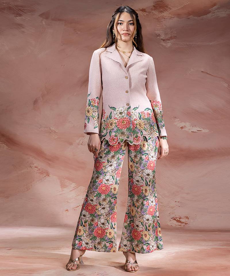Pink embroidered khadi flex co ord set