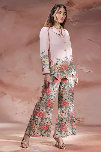 Pink embroidered khadi flex co ord set