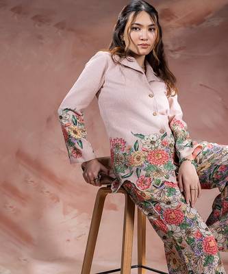 Pink embroidered khadi flex co ord set 3
