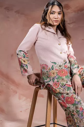 Pink embroidered khadi flex co ord set
