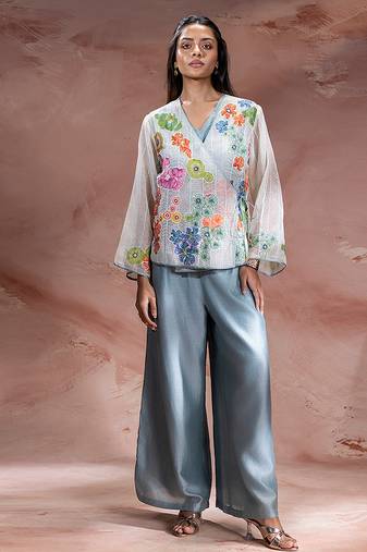 Blue embroidered net co ord set