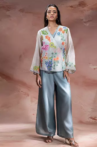 Blue embroidered net co ord set