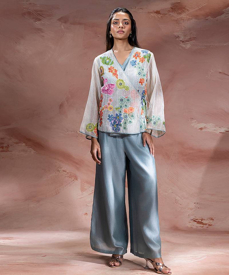 Blue embroidered net co ord set