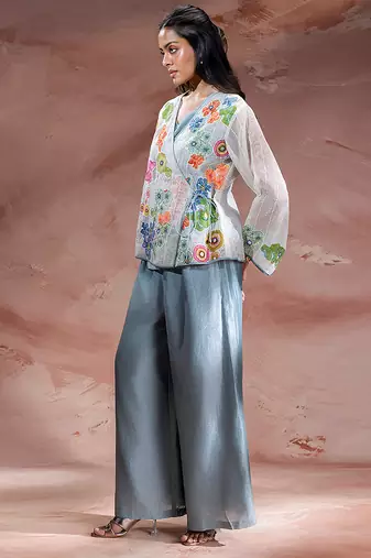 Blue embroidered net co ord set