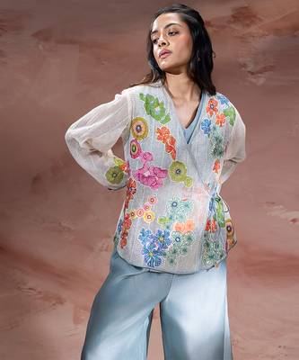 Blue embroidered net co ord set 3