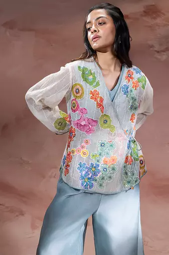 Blue embroidered net co ord set