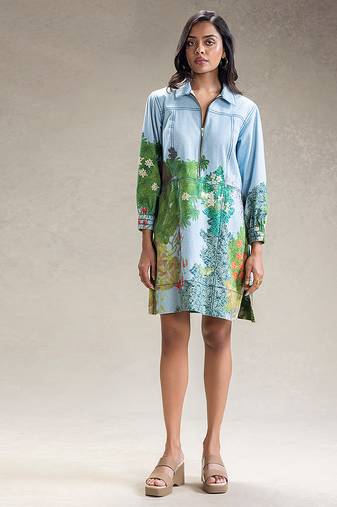Blue printed twill cotton short dress
