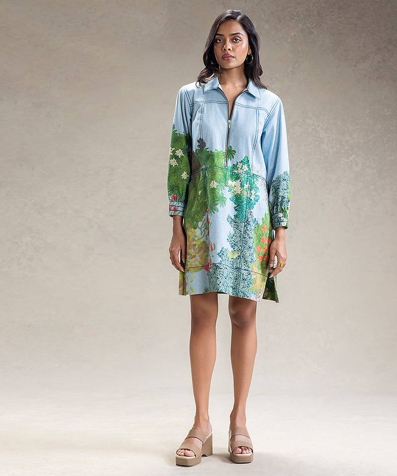 Blue printed twill cotton short dress