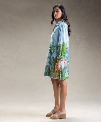 Blue printed twill cotton short dress 2