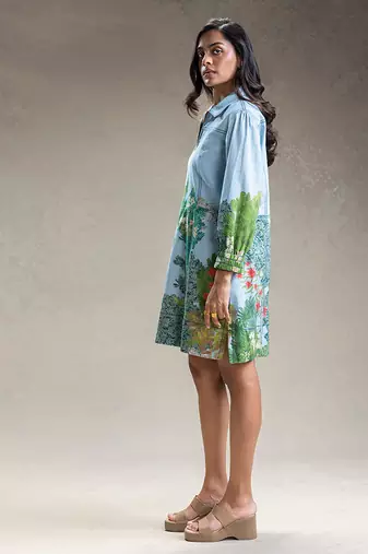 Blue printed twill cotton short dress